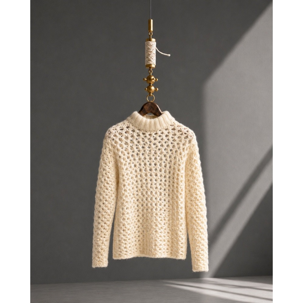 The Elder Statesman Glacier Open Knit Cashmere Sweater L Cream Women's Fisherman